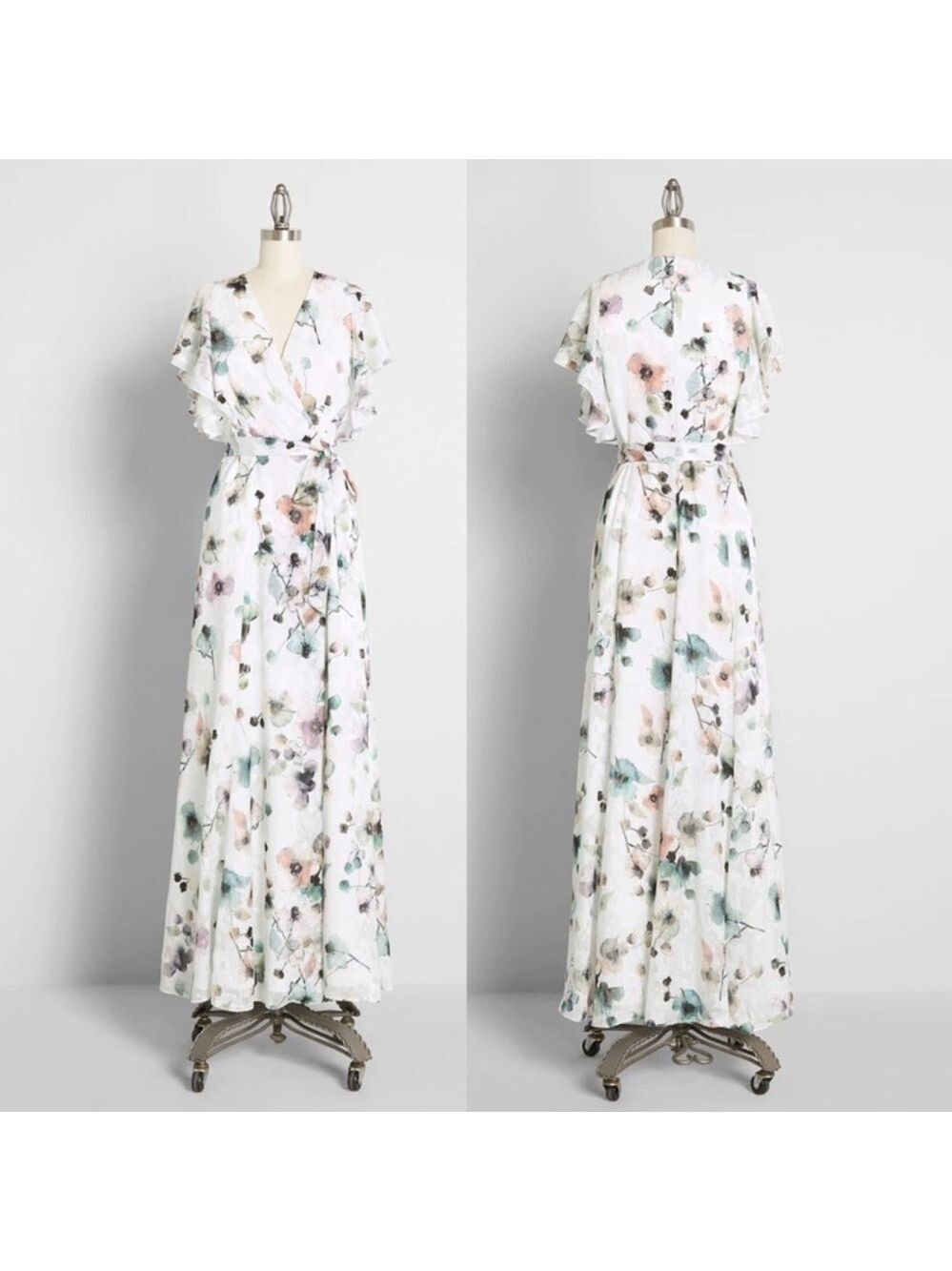 Hutch x Modcloth Maxi Wrap Dress In White Watercolor Floral Burnout